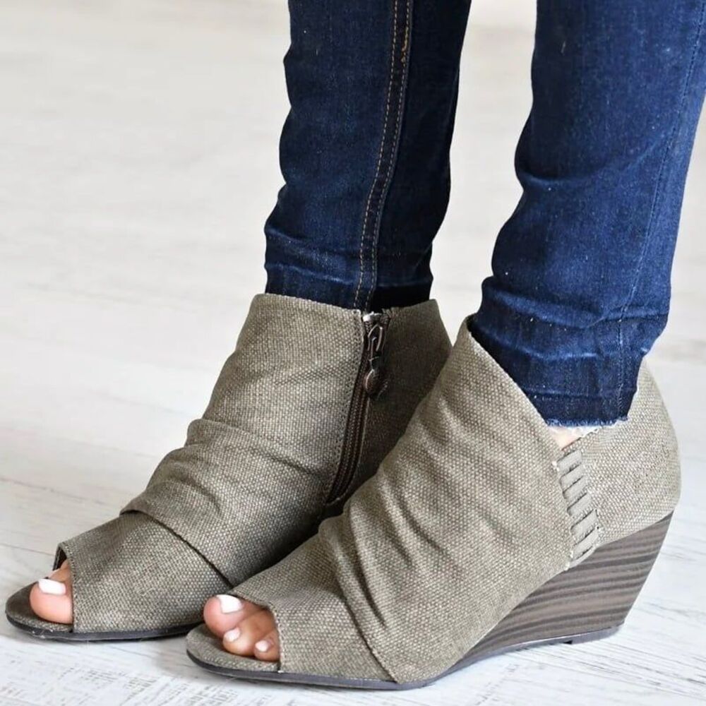 Blowfish Malibu Bonnie Peep Toe Ruched Canvas Fabric Wedge Ankle Bootie